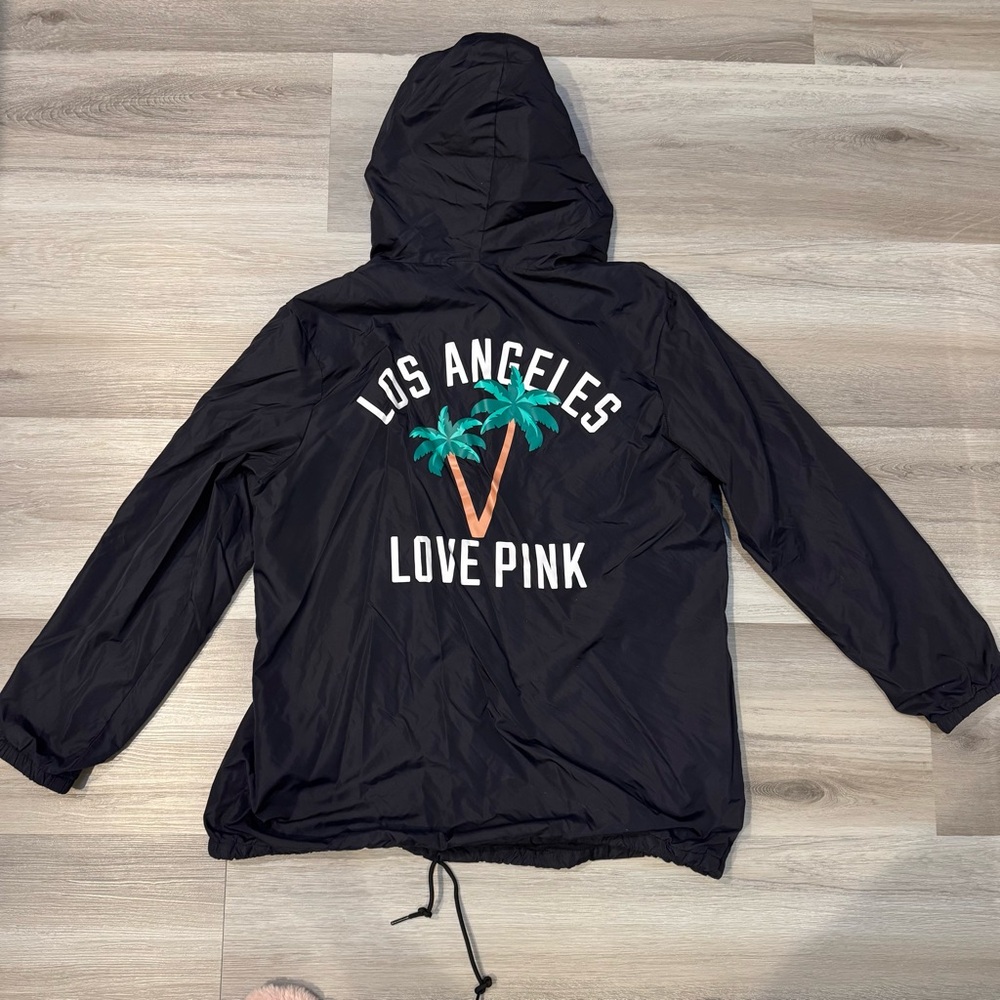 Victoria's Secret LOS ANGELES LOVE PINK black windbreaker hooded snap jacket